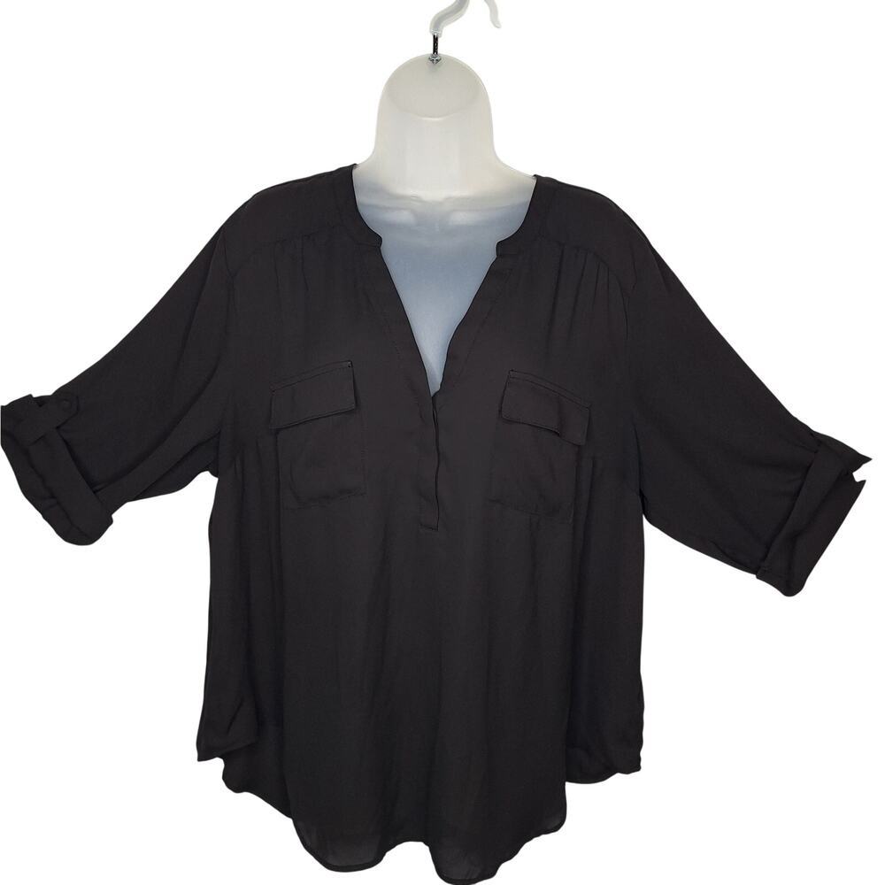 Torrid Harper Georgette Blouse Top 2 2X Black Roll Tab Sleeve Career Work V-neck